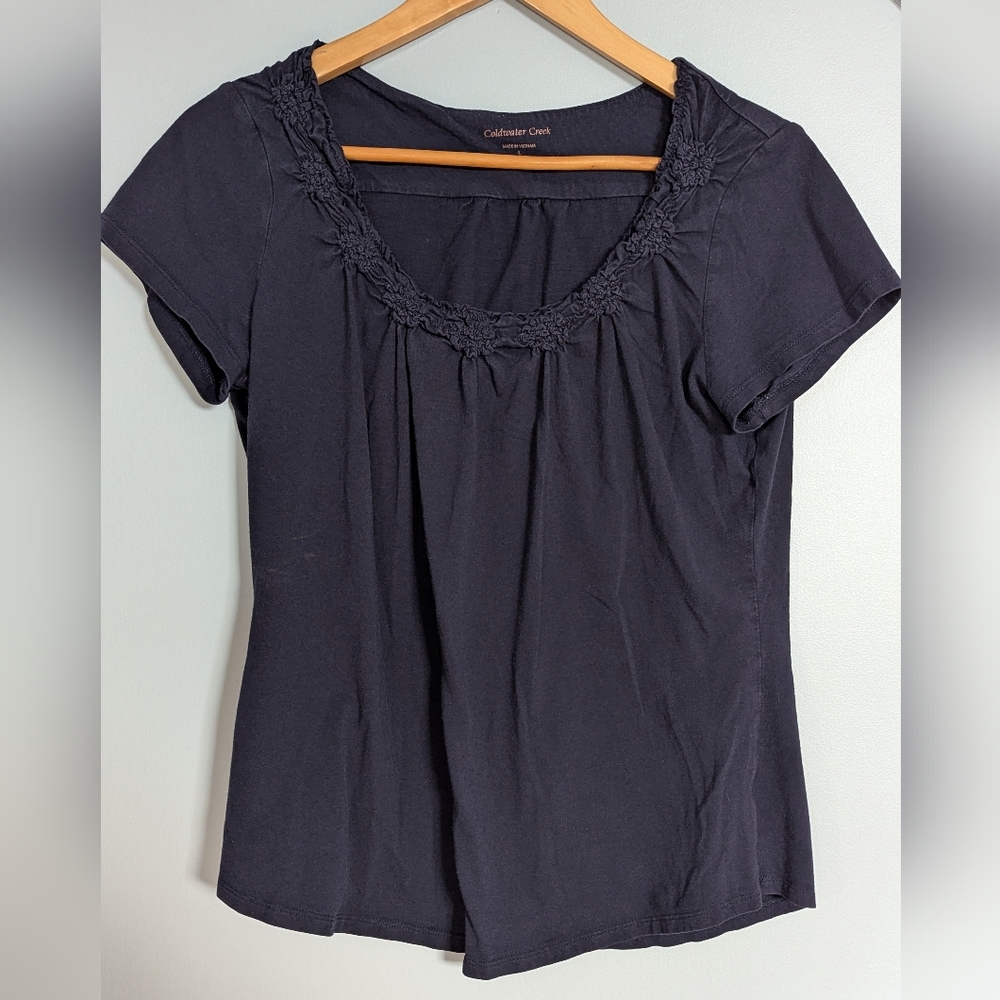 4/$10β¨ Coldwater Creek Black Ruched Neckline Short Sleeveβ Top Women's Large
